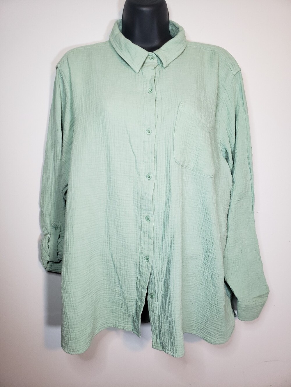 Anne Klein Jeans XXL Green Double Gauze Button Down Shirt Roll Tab Sleeve Top
